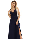 numoco MIRA Elegantne maxi obleke s prekrižanim izrezom in razporkom - temno modre