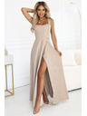 numoco AURELIA dolge šaty z razporkom in diamantnim izrezom - bež z bleščicami