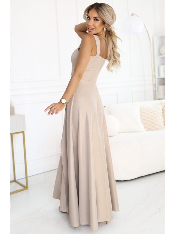numoco AURELIA dolge šaty z razporkom in diamantnim izrezom - bež z bleščicami