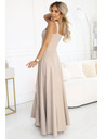 numoco AURELIA dolge šaty z razporkom in diamantnim izrezom - bež z bleščicami