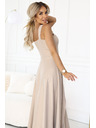 numoco AURELIA dolge šaty z razporkom in diamantnim izrezom - bež z bleščicami