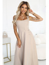 numoco AURELIA dolge šaty z razporkom in diamantnim izrezom - bež z bleščicami