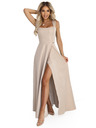numoco AURELIA dolge šaty z razporkom in diamantnim izrezom - bež z bleščicami