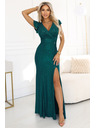 numoco IRINA osupljive dolge šaty z brokatom, izrezom V in razporkom - stekleničasto zelene
