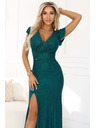 numoco IRINA osupljive dolge šaty z brokatom, izrezom V in razporkom - stekleničasto zelene