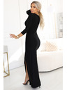 numoco Elegantne dolge šaty z zavihajočim izrezom in razporkom - črne