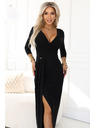 numoco Elegantne dolge šaty z zavihajočim izrezom in razporkom - črne