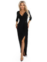 numoco Elegantne dolge šaty z zavihajočim izrezom in razporkom - črne