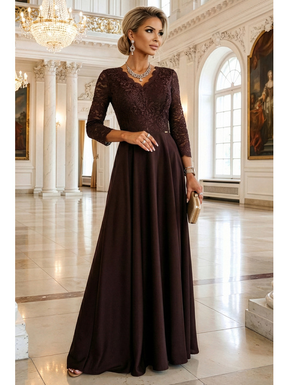 numoco AMBER elegantne dolge čipkaste šaty z izrezom - čokoladne