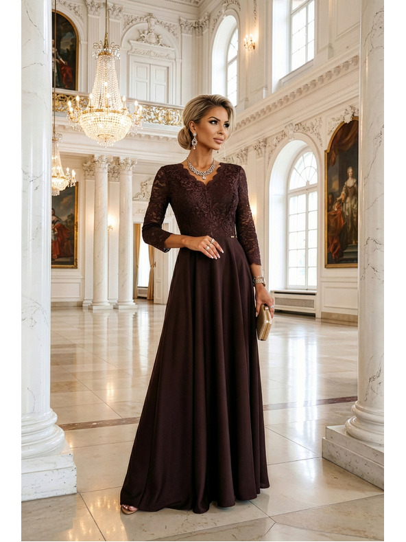 numoco AMBER elegantne dolge čipkaste šaty z izrezom - čokoladne