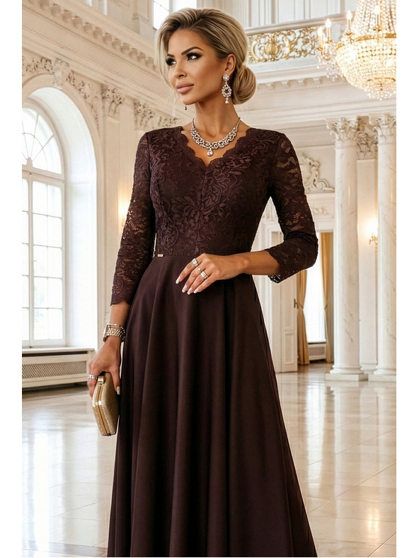 numoco AMBER elegantne dolge čipkaste šaty z izrezom - čokoladne