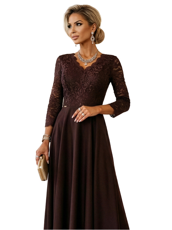 numoco AMBER elegantne dolge čipkaste šaty z izrezom - čokoladne