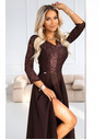 numoco AMBER elegantne dolge čipkaste šaty z izrezom - čokoladne