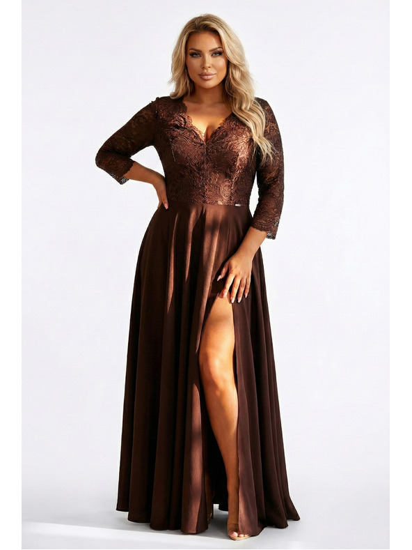 numoco AMBER elegantne dolge čipkaste šaty z izrezom - čokoladne