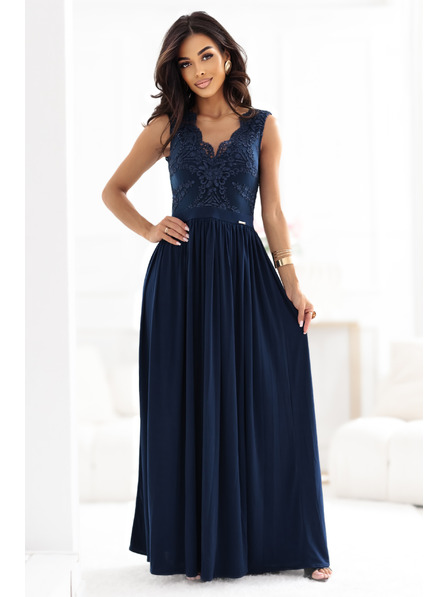 numoco LEA dolge elegantne maxi šaty z čipkastim zgornjim delom in razporkom - temno modre