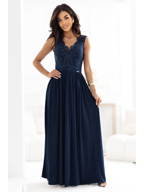 numoco LEA dolge elegantne maxi šaty z čipkastim zgornjim delom in razporkom - temno modre