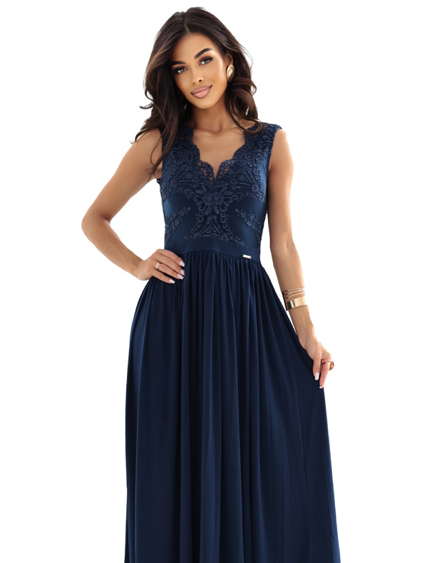 numoco LEA dolge elegantne maxi šaty z čipkastim zgornjim delom in razporkom - temno modre