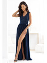numoco LEA dolge elegantne maxi šaty z čipkastim zgornjim delom in razporkom - temno modre