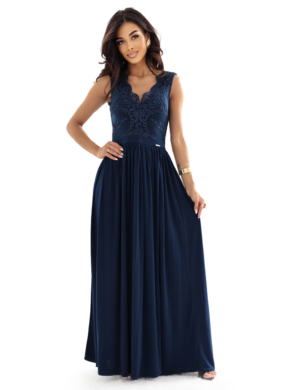 numoco LEA dolge elegantne maxi šaty z čipkastim zgornjim delom in razporkom - temno modre