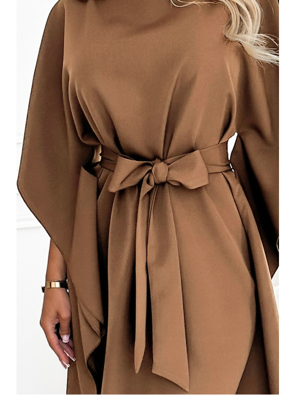 numoco SOFIA metuljaste šaty z vezavo v pasu - cappuccino