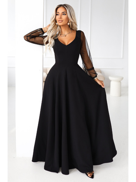 numoco LORETTA edinstvene dolge šaty s tančicami in izrezom - črne