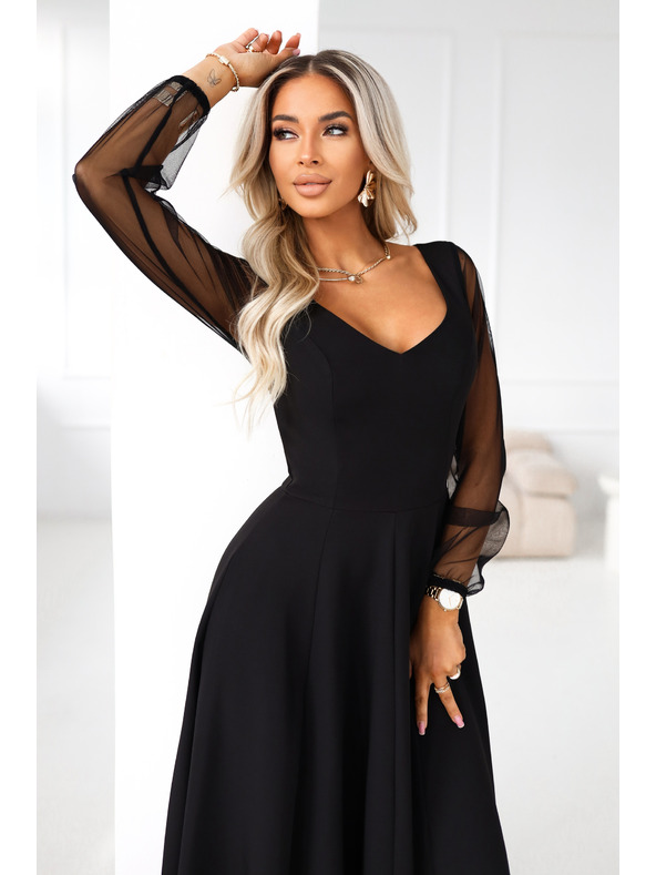 numoco LORETTA edinstvene dolge šaty s tančicami in izrezom - črne
