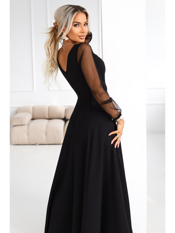 numoco LORETTA edinstvene dolge šaty s tančicami in izrezom - črne