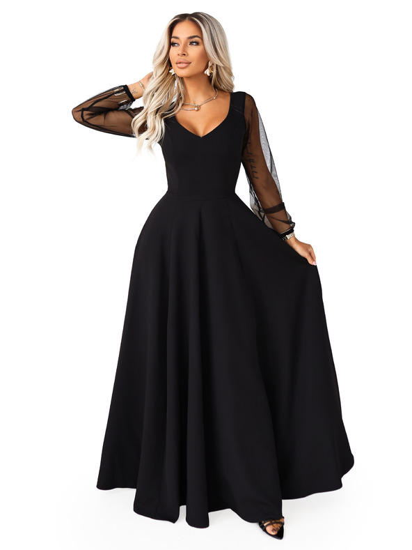 numoco LORETTA edinstvene dolge šaty s tančicami in izrezom - črne