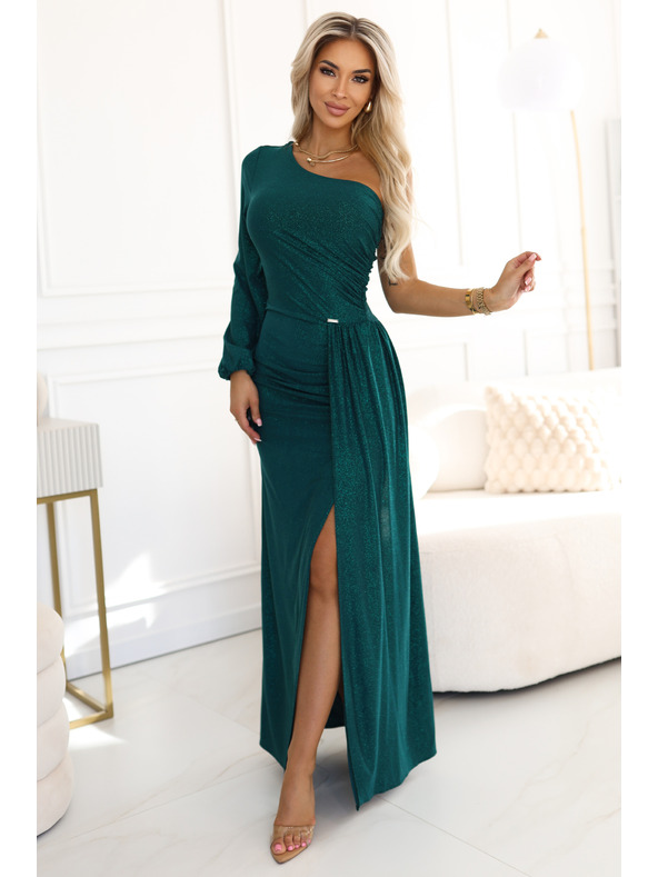 numoco Bleščeče maxi šaty na eno rameno z asimetričnimi rokavi in razporkom - stekleničasto zelena