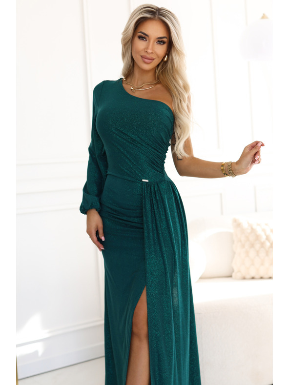 numoco Bleščeče maxi šaty na eno rameno z asimetričnimi rokavi in razporkom - stekleničasto zelena