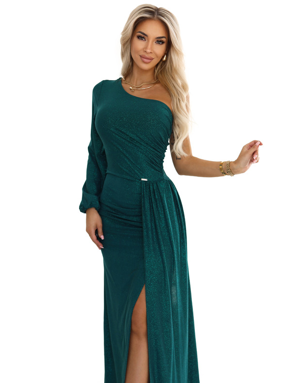 numoco Bleščeče maxi šaty na eno rameno z asimetričnimi rokavi in razporkom - stekleničasto zelena