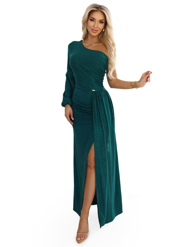 numoco Bleščeče maxi šaty na eno rameno z asimetričnimi rokavi in razporkom - stekleničasto zelena
