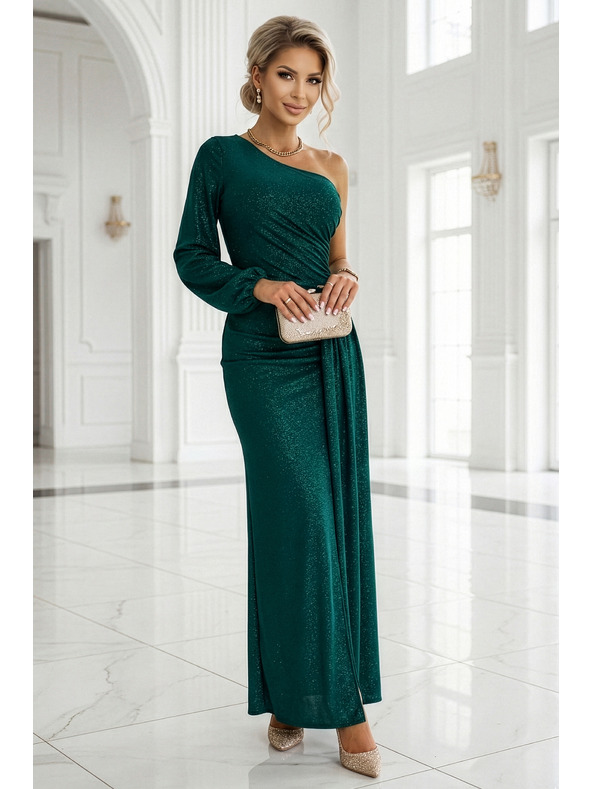 numoco Bleščeče maxi šaty na eno rameno z asimetričnimi rokavi in razporkom - stekleničasto zelena