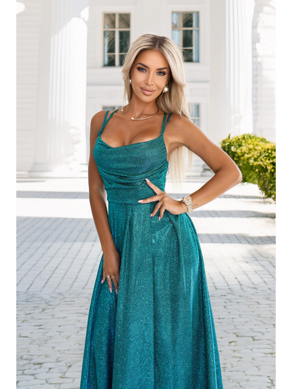 numoco Dolge obleke z blagim bleskom in korzetnim zavezovanjem na zadnji strani - zelene s svetlečimi detajli