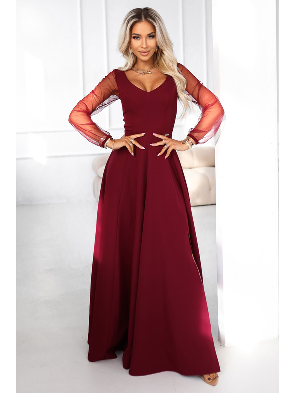 numoco LORETTA edinstvene dolge obleke s til rokavi in izrezom - vinsko rdeče