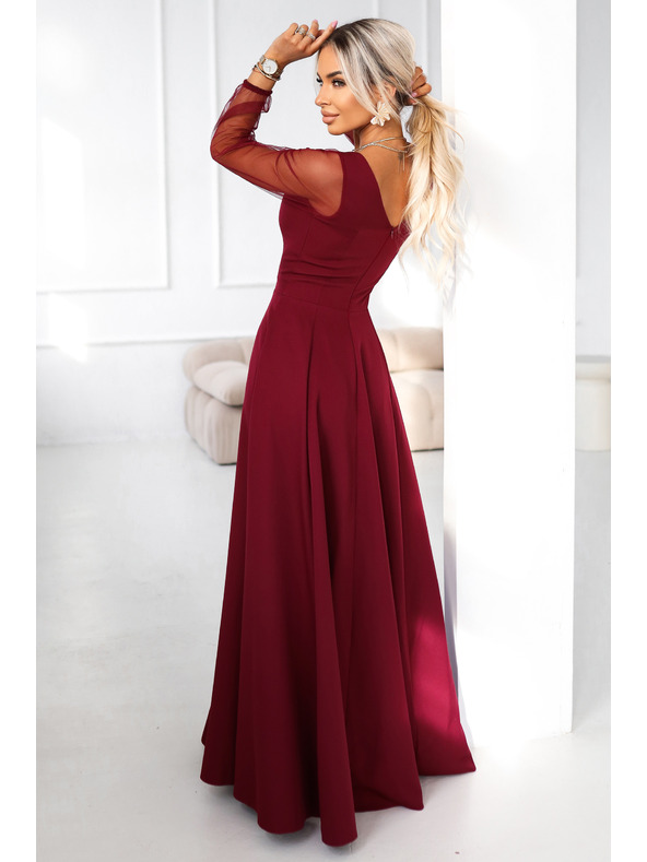 numoco LORETTA edinstvene dolge obleke s til rokavi in izrezom - vinsko rdeče