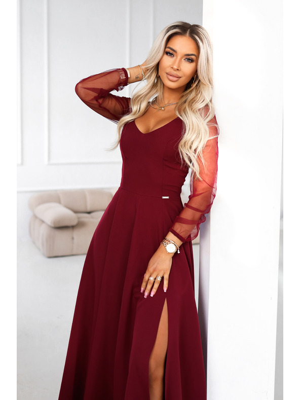 numoco LORETTA edinstvene dolge obleke s til rokavi in izrezom - vinsko rdeče