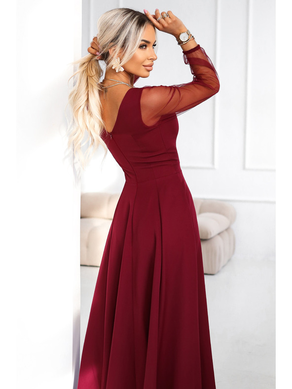 numoco LORETTA edinstvene dolge obleke s til rokavi in izrezom - vinsko rdeče