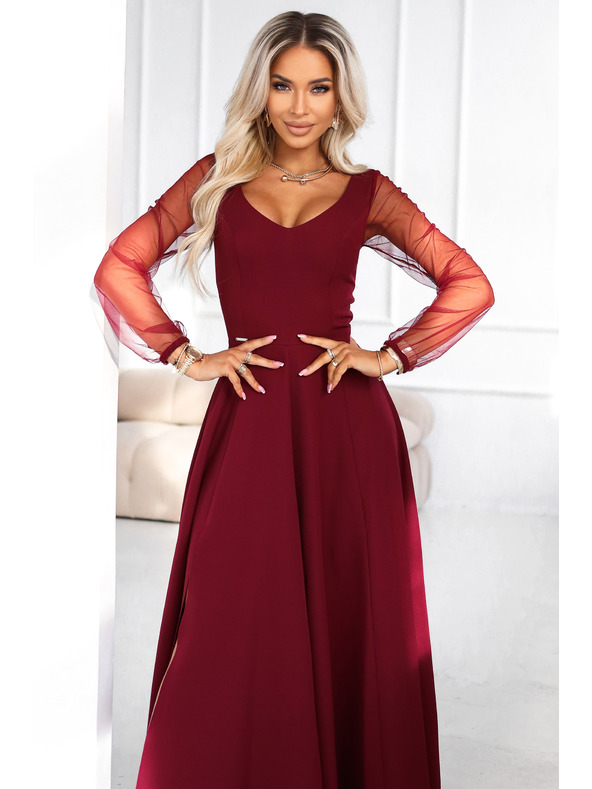 numoco LORETTA edinstvene dolge obleke s til rokavi in izrezom - vinsko rdeče
