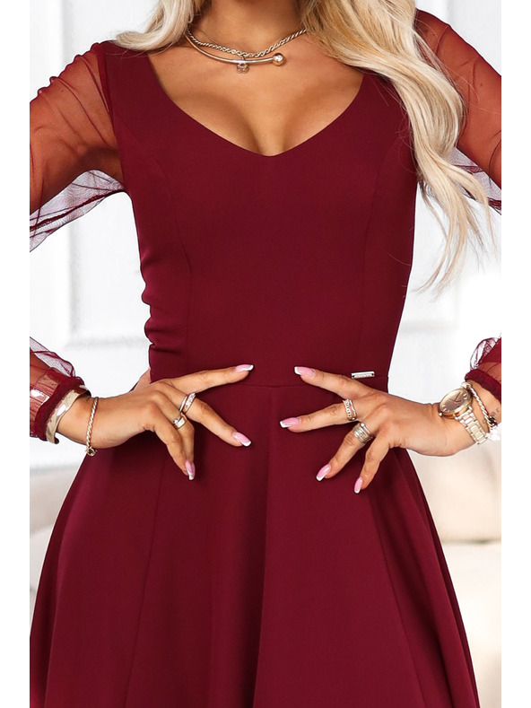 numoco LORETTA edinstvene dolge obleke s til rokavi in izrezom - vinsko rdeče