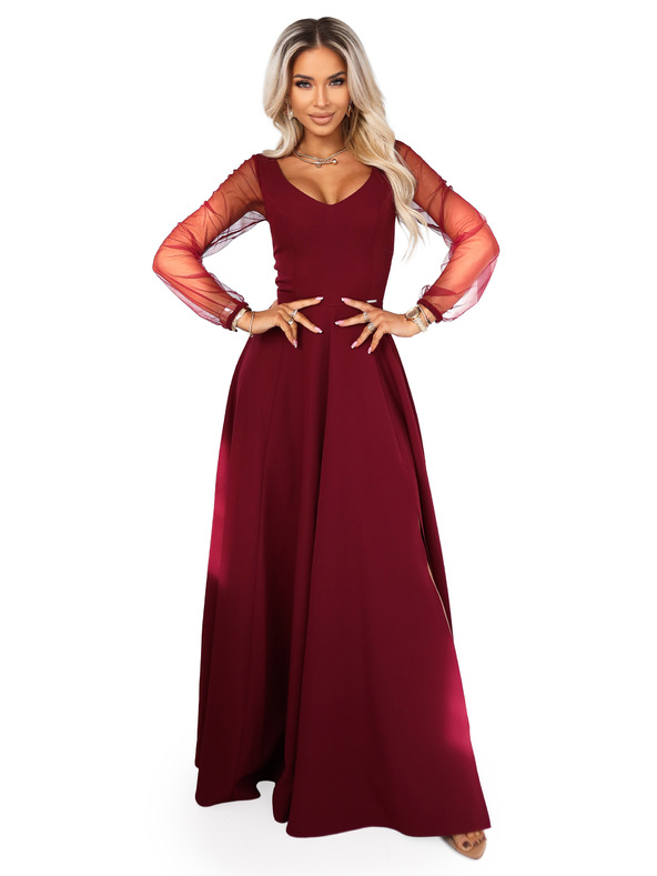 numoco LORETTA edinstvene dolge obleke s til rokavi in izrezom - vinsko rdeče