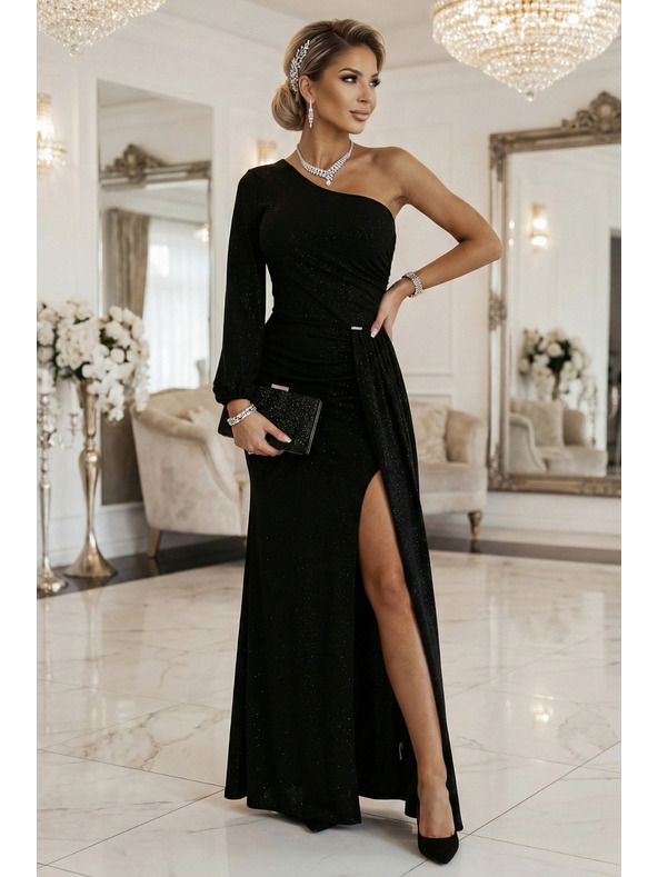 numoco Bleščeče maxi obleke na eno ramo z asimetričnimi rokavi in razporkom - črne