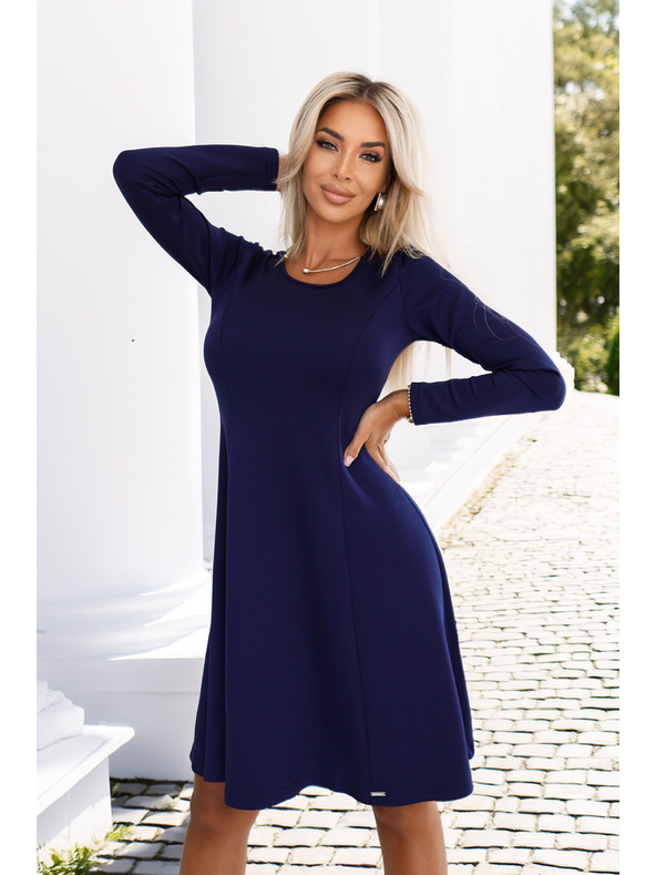 numoco Udobne trapezne obleke z dolgimi rokavi - temno modre