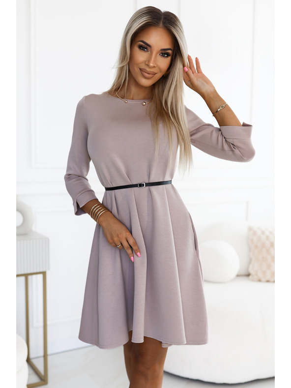 numoco Klasične trapezne obleke s črnim pasom - bež