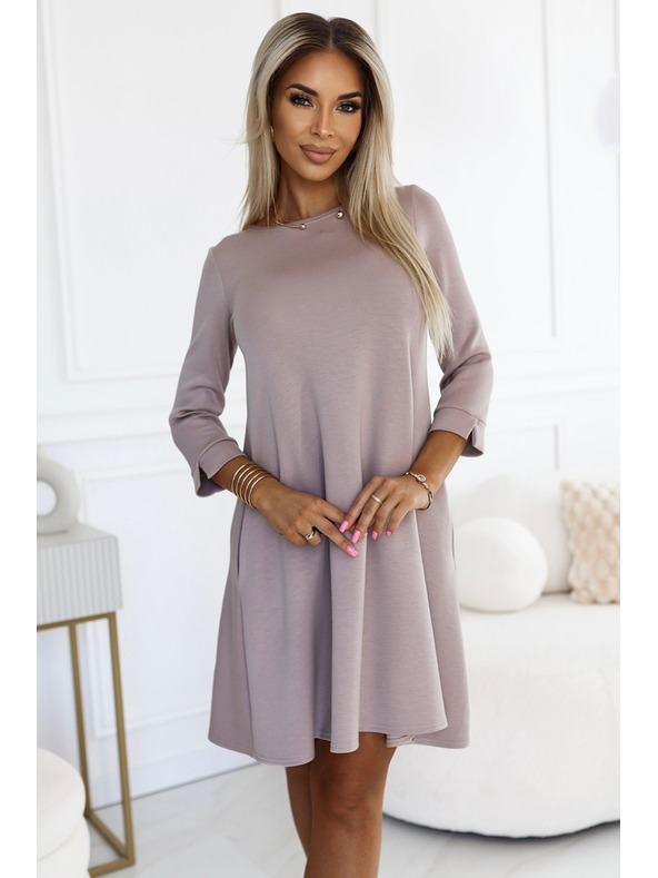 numoco Klasične trapezne obleke s črnim pasom - bež