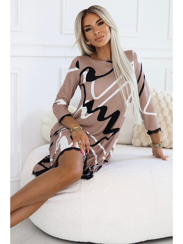 numoco Trapezne pletene obleke s čipko - bež z črno-belim vzorcem