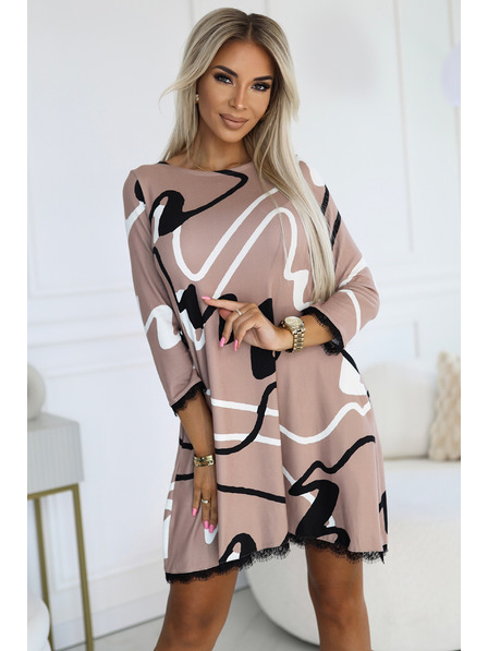 numoco Trapezne pletene obleke s čipko - bež z črno-belim vzorcem