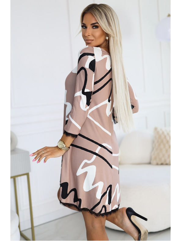 numoco Trapezne pletene obleke s čipko - bež z črno-belim vzorcem