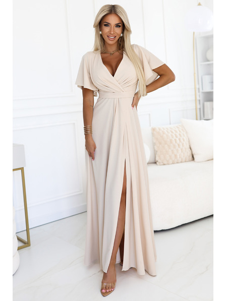 numoco JENNIFER dolge obleke z razporkom na nogi, rokavi in izrezom - bež