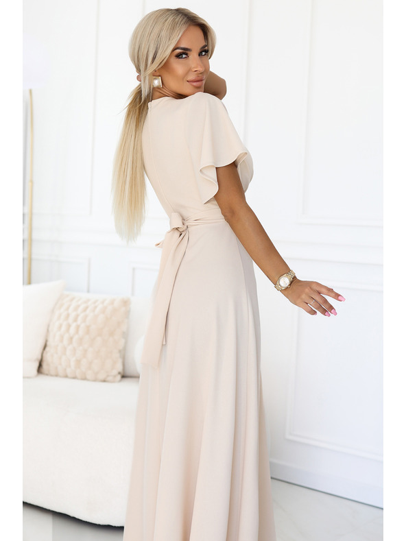 numoco JENNIFER dolge obleke z razporkom na nogi, rokavi in izrezom - bež